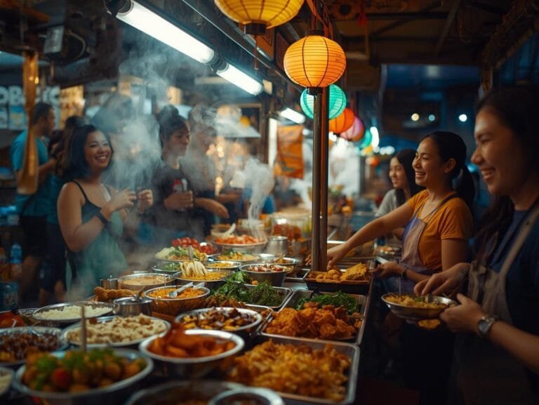 Street food pelo mundo em mercado noturno com diversas comidas de rua